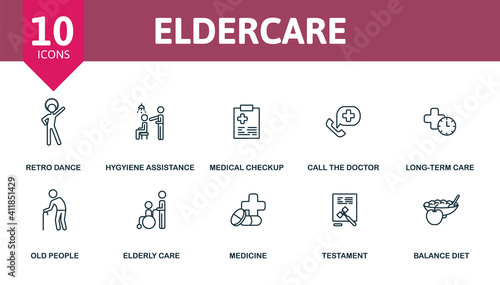 Study icon set. Collection contain dentare, long-term care, retro dance, medical checkup, hygiene assistance and over icons. Study elements set.