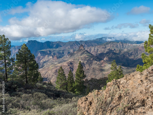 Amazing view from Roque Nublo plateau on central volcanic mountains with Caldera and Barranco de Tejeda and Roque Bentayg rock. Gran Canaria, Canary Islands, Spain. © Kristyna