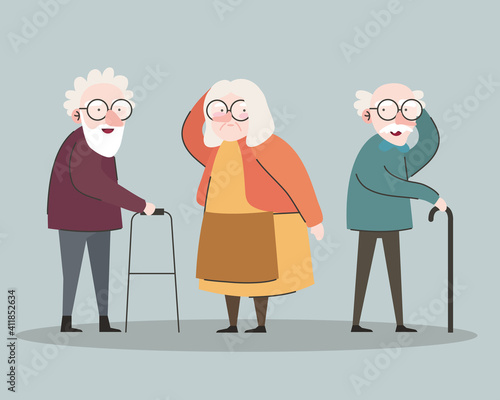 group of three grandparents using walker and cane characters vector illustration design