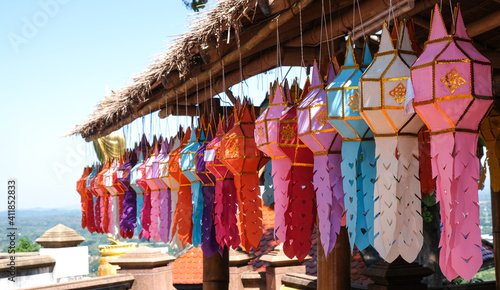 beauty paper lantern colorful hanging for decoration in buddha temple.  Thailand people believe lucky lamp. © Topfotolia