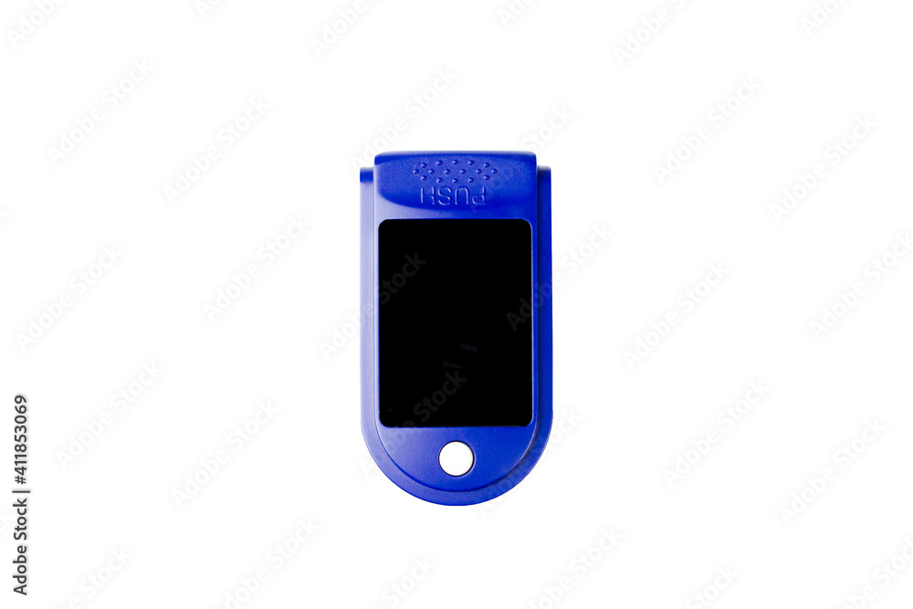 Medical oximeter pulse oximeter on white background. Isolated. View from above Medical oximeter pulse oximeter on white background. Isolated. View from above