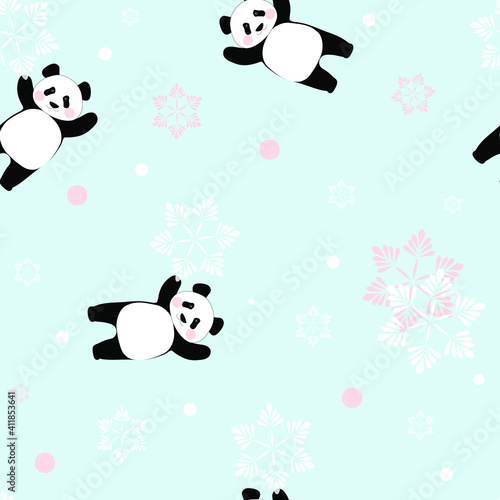 Fototapeta Naklejka Na Ścianę i Meble -  Seamless pattern with Chinese cute pandas and snowflakes on a blue background. Fashionable illustration for printing on textiles, fabrics, paper. Vector graphics.