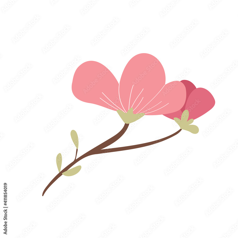 Pink magnolia with leaves on a branch, hand-drawn. A colorful cartoon plant. Flat vector illustration of an Asian flower on an isolated white background. Blooming decorative design element.