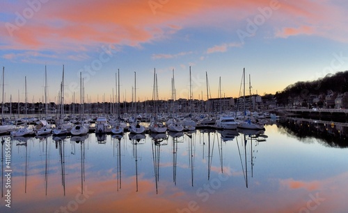 Beautiful sunset over the Perros-Guirec harbor in Brittany, France