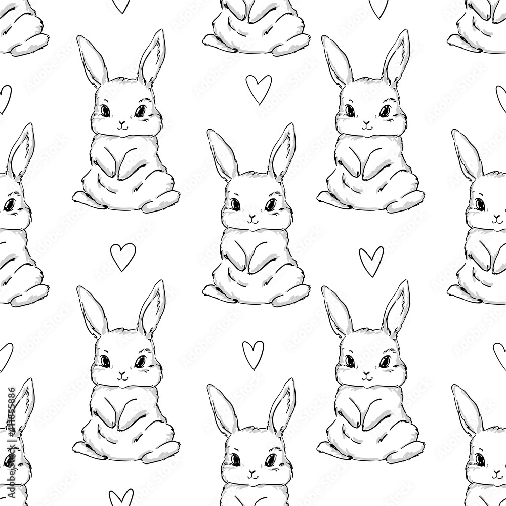 Seamless Pattern Rabbit. Hand Drawn Bunny, print design rabbit background. Vector Seamless. Print Design Textile for Kids Fashion. Seamless Pattern Rabbit. Hand Drawn Bunny, print design rabbit background. Vector Seamless. Print Design Textile for Kids Fashion.