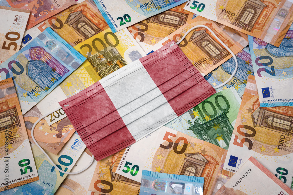 Medical mask with the flag of Peru on a variety of european banknotes.(series) Medical mask with the flag of Peru on a variety of european banknotes.(series)