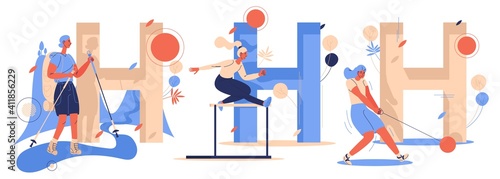 Capital letters H for hiking, hammer throw and hurdling. Woman characters training and active drawn in blue and orange. Sport concept illustration