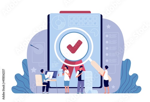 Quality control. Controlling business, iso standard certificate accept. Validation documents or authorization, flat work people utter vector concept. Business quality control, guarantee illustration