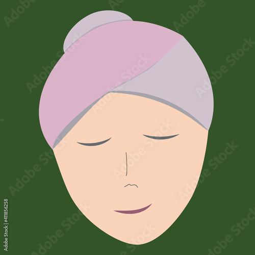 female face with eyes closed before or after a beauty treatment or spa, with a towel on her head