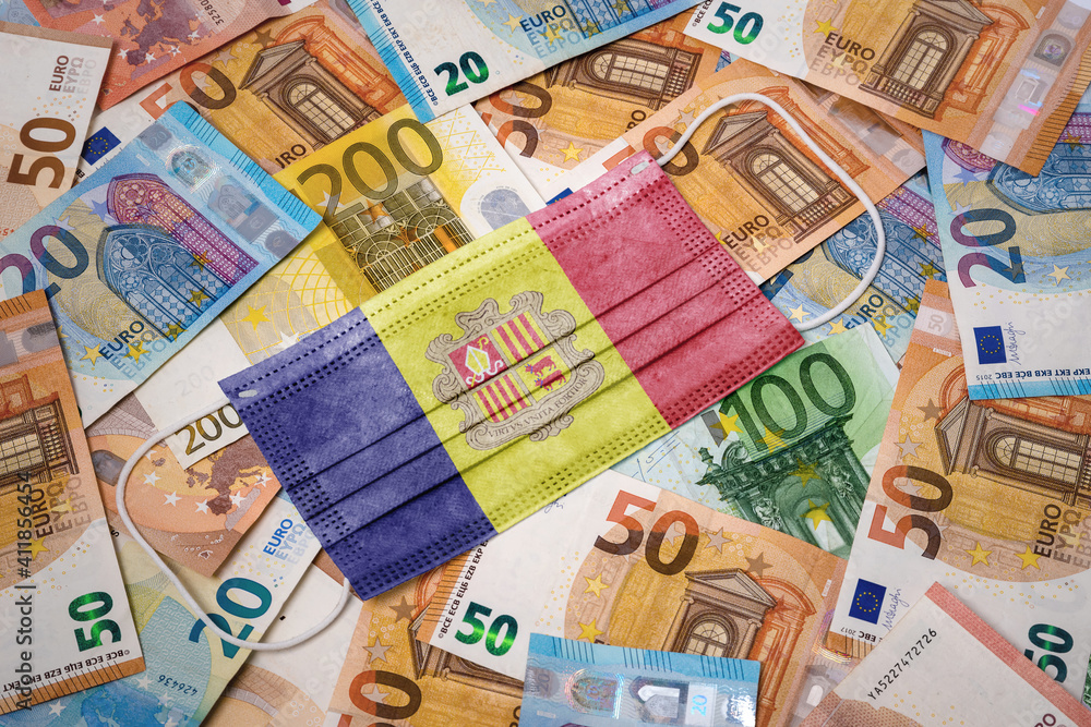 Medical mask with the flag of Andorra on a variety of european banknotes.(series) Medical mask with the flag of Andorra on a variety of european banknotes.(series)