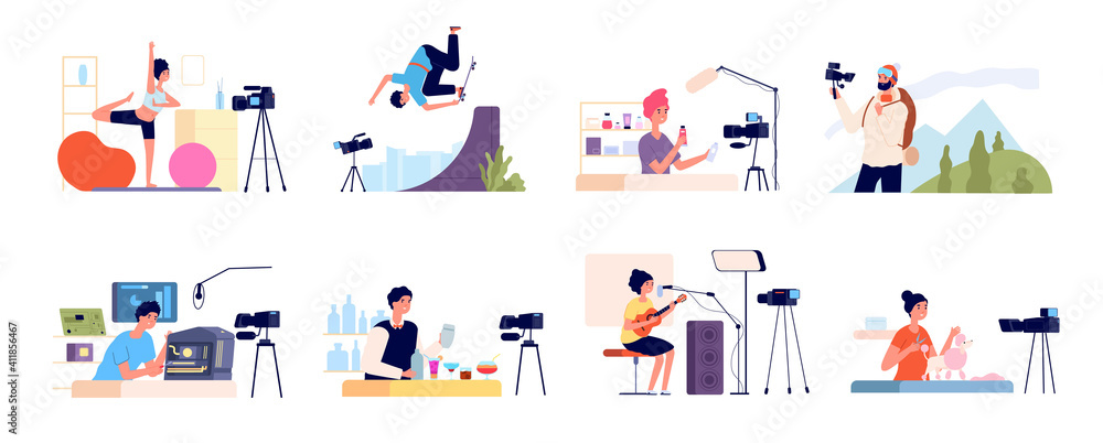 Blogger characters. Bloggers review, blog beauty fashion occupations. Video vloggers, girl digital channel and flat influencer people utter vector scenes. Illustration beauty blog, blogger content,