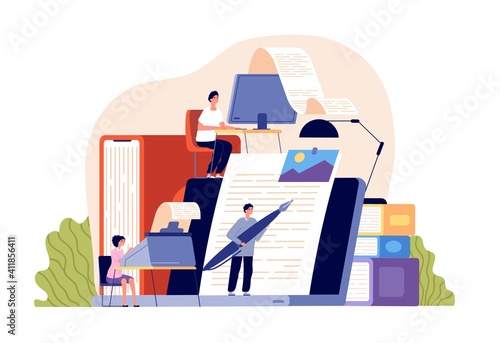Creative blogging. Cartoon content managers, blog writers and professional copywriters. Creation article, seo marketing utter vector concept. Illustration content for social media, copywriter article