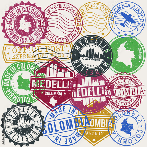 Medellin Colombia Set of Stamps. Travel Stamp. Made In Product. Design Seals Old Style Insignia.