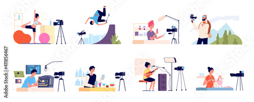 Blogger characters. Bloggers review, blog beauty fashion occupations. Video vloggers, girl digital channel and flat influencer people utter vector scenes. Illustration beauty blog, blogger content,