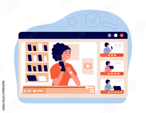 Blogger review. Internet vlogger, video reviews or business ad. Online influence, live channel or vlog. Social marketing utter vector concept. Illustration product review, vlogging recommendation