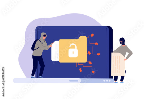 Cyber phishing. Unsecured accounts, theft account identity. Social media breach attack, hacker scam on email or data fraud utter vector concept. Illustration malware and fraud thief