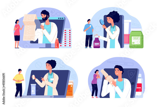 Telemedicine concept. Computing doctor, computer prescription for patients. Telehealth, video internet technology in medicine utter vector scenes. Illustration service communication with doctor online