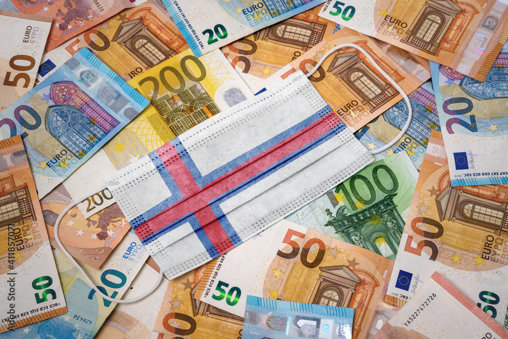 Medical mask with the flag of Faroe Islands on a variety of european banknotes.(series)