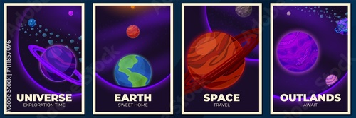 Planets banners. Space poster, magazine cover with galaxy or universe. Future exploring, cartoon planet and asteroid recent vector brochure. Astronomy brochure, fantasy cosmic, cosmos with planets