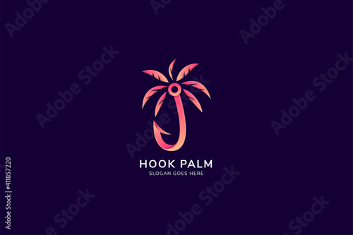colorful fishing hook and palm logo design template isolated on blue background. 