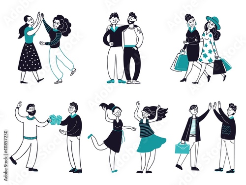 Best male friends. Cartoon best friend, happy people friendship. Men women spend time together, funny meeting dancing drinking decent vector set. Illustration people friend male and female