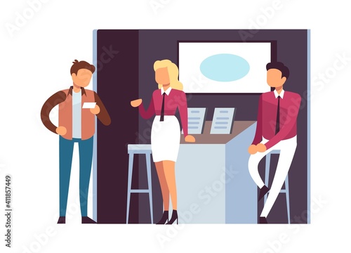Advertising of goods at exhibition. Marketing, cartoon customers and sellers. Product demonstration stands or event trade booths vector concept. Illustration commercial promotion expo
