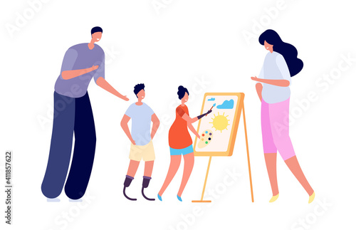 Family time. Happy parents, disabled children learning drawing. Flat accessible environment concept, boy girl near easel vector illustration. People family mother father and kids