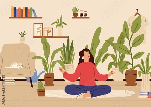 Girl relaxed in home garden. Recreation time, young happy female character and plants in pots. Woman meditation in room vector concept. Illustration recreation, harmony place for meditation