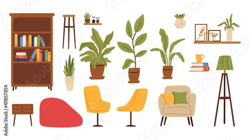 Living room furniture. Scandinavian furnitures, plants in pot, chairs and shelves with book. Isolated bookcase, scandi home accessories vector set. Illustration home interior, furniture to apartment