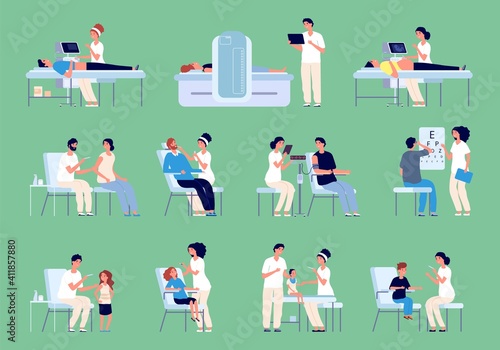 Medical characters. Doctors nurses patients, vaccination and check up scenes. Examination in clinic or hospital, new antivirus vaccine vector set. Doctor in hospital care and treatment illustration