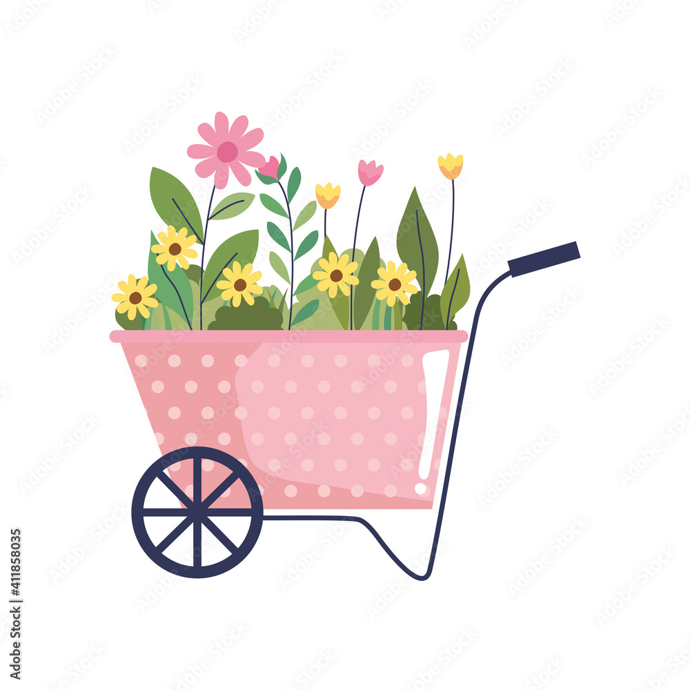 beautiful flowers garden in wheelbarrow vector illustration design
