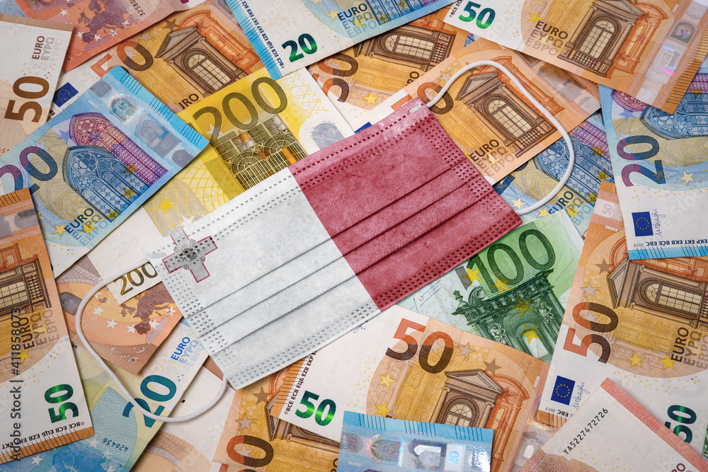 Medical mask with the flag of Malta on a variety of european banknotes.(series)