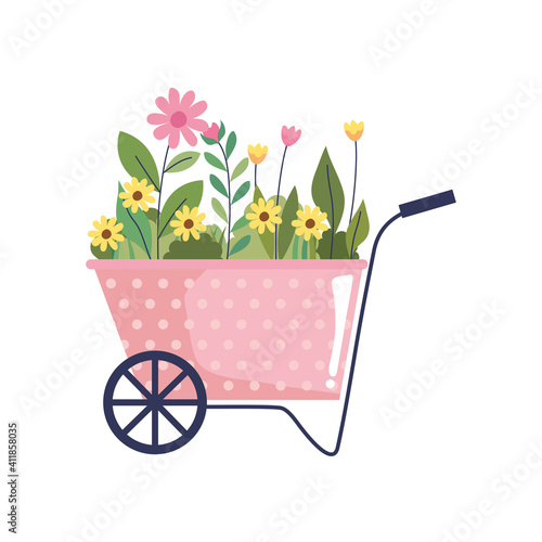 Valokuva beautiful flowers garden in wheelbarrow vector illustration design