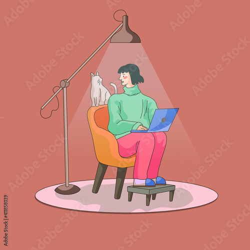 A girl with a cat. The girl is working. A person works with a cat. Girl flat illustration.