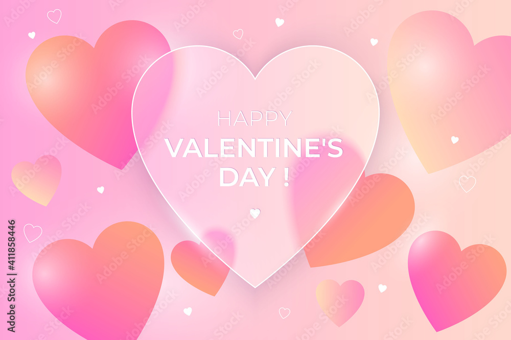 Happy Valentine's Day greeting banner. Glass-morphism background with bright hearts and frosted transparent glass on a gradient background. Premium vectors.
