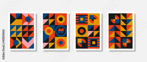 New modernism aesthetic in vector poster design card. Brutalism inspired graphics in web template layouts made with abstract geometric shapes, useful for poster art, website header, digital print.