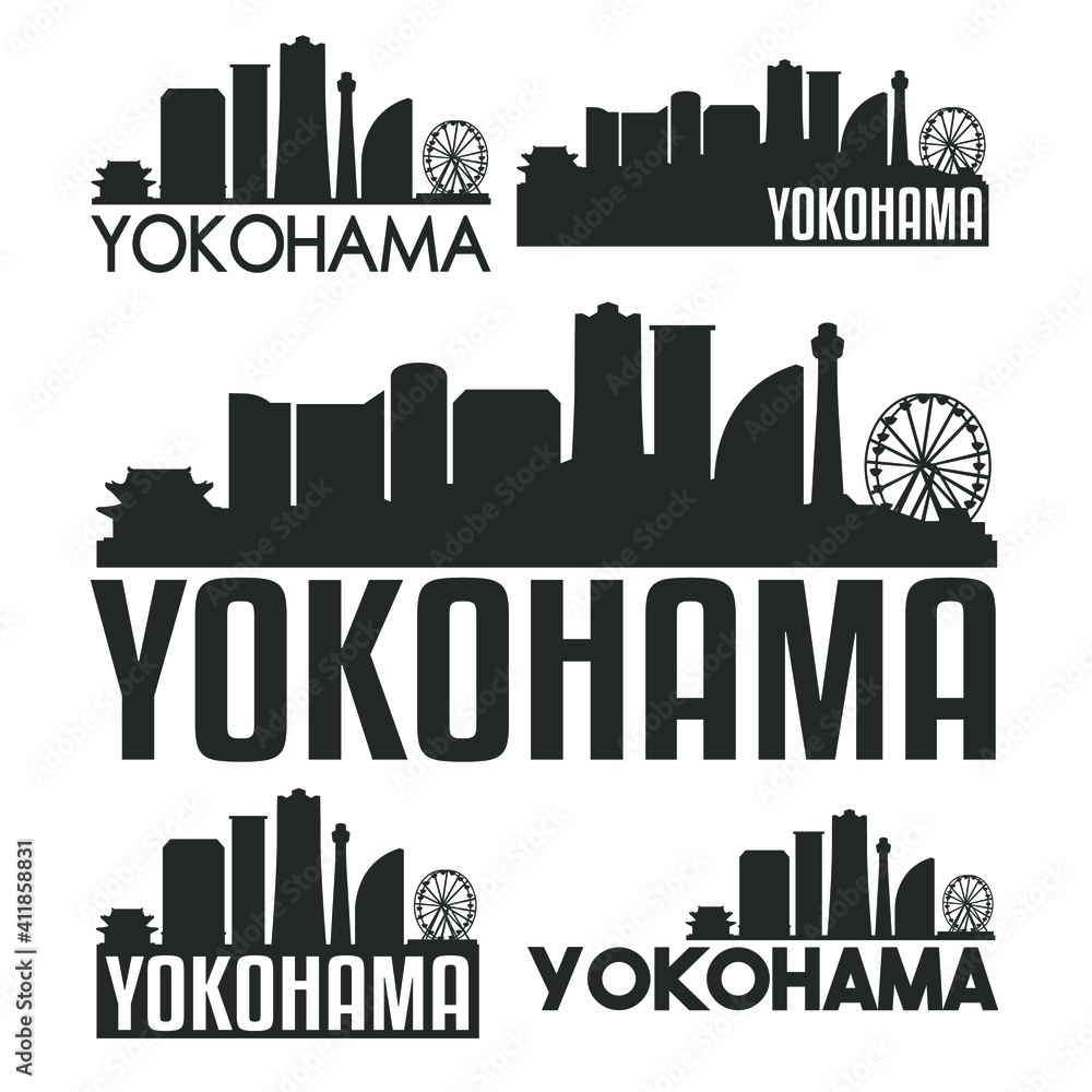 Yokohama Japan Flat Icon Skyline Vector Silhouette Design Set Logo.