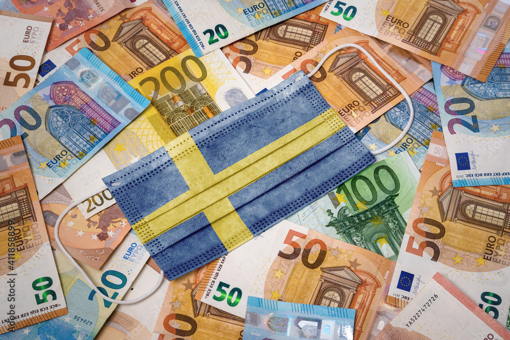 Medical mask with the flag of Sweden on a variety of european banknotes.(series) Medical mask with the flag of Sweden on a variety of european banknotes.(series)