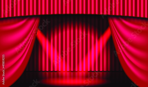 Theatrical scene. Red theater curtain and searchlight beam. Entertaiment scene background.