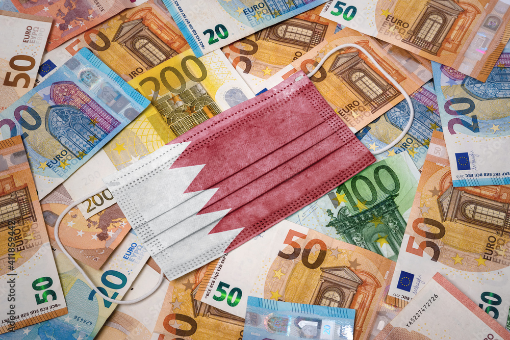 Medical mask with the flag of Bahrain on a variety of european banknotes.(series) Medical mask with the flag of Bahrain on a variety of european banknotes.(series)