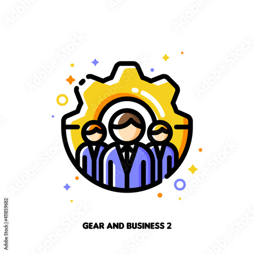Icon of three business persons on a background of gear for technical support or development optimization team concept. Flat filled outline style. Pixel perfect 64x64. Editable stroke