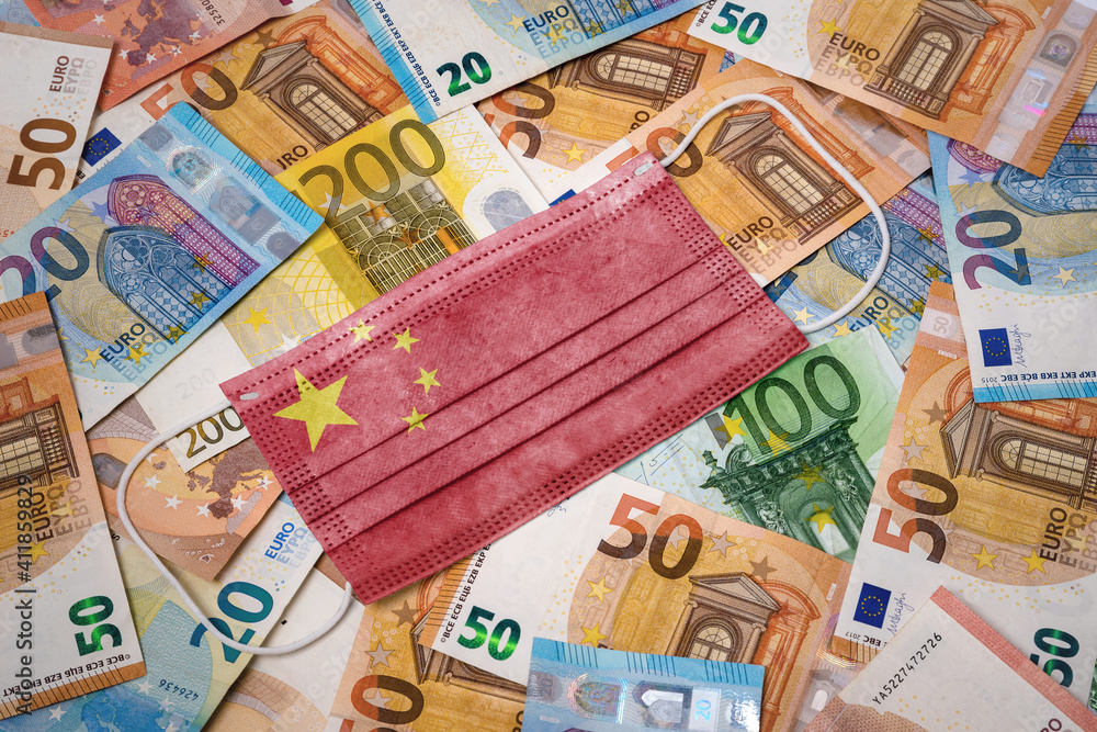Medical mask with the flag of China on a variety of european banknotes.(series) Medical mask with the flag of China on a variety of european banknotes.(series)