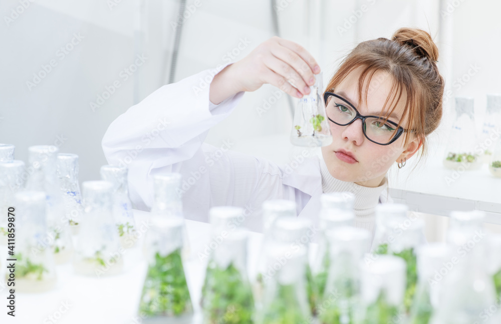 In a biological laboratory, a girl assistant examines a test tube with plants grown in it on a nutrient solution. Eco-friendly plants for farms In a biological laboratory, a girl assistant examines a test tube with plants grown in it on a nutrient solution. Eco-friendly plants for farms