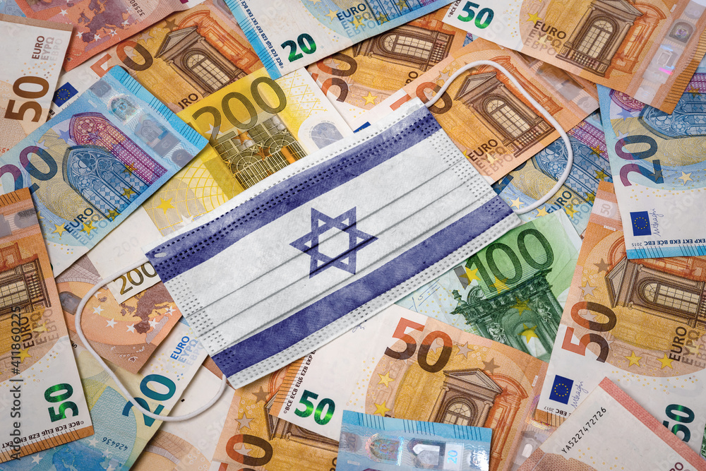 Medical mask with the flag of Israel on a variety of european banknotes.(series) Medical mask with the flag of Israel on a variety of european banknotes.(series)