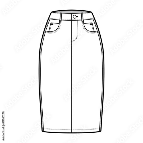 Denim pencil skirt technical fashion illustration with knee length, normal waist, high rise, curved, coin and angled pockets. Flat bottom template front, white color style. Women, men CAD mockup