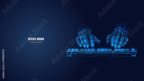  Abstract 3d human hands typing on computer or laptop keyboard. Office work, workplace or business concept. Digital vector wireframe in dark blue. Low poly mesh with dots, lines, stars and shapes 