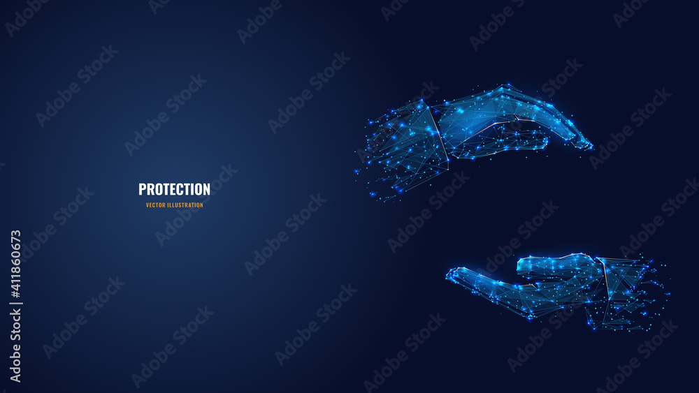 Two human hands holding or hugging something in dark blue. Abstract vector 3d arm, palm wireframe looks like starry sky. Hand gesture concept. Digital low poly mesh with dots, lines and shapes Two human hands holding or hugging something in dark blue. Abstract vector 3d arm, palm wireframe looks like starry sky. Hand gesture concept. Digital low poly mesh with dots, lines and shapes