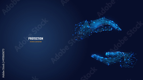 Two human hands holding or hugging something in dark blue. Abstract vector 3d arm, palm wireframe looks like starry sky. Hand gesture concept. Digital low poly mesh with dots, lines and shapes  photo