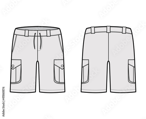 Short cargo technical fashion illustration with mid-thigh length, low waist, rise, slashed, bellows pocket, . Flat Bermuda bottom template front, back, grey color style. Women, men CAD mockup
