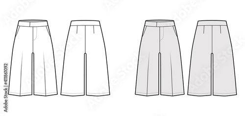 Short Bermuda dress pants technical fashion illustration with knee length, normal waist, high rise, slashed pocket. Flat walking bottom template front back white grey color style. Women men CAD mockup